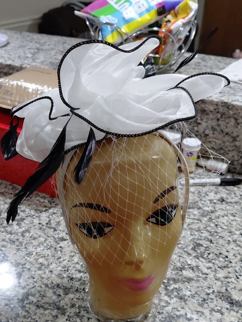 White and Black Feathered Fascinator Headpiece